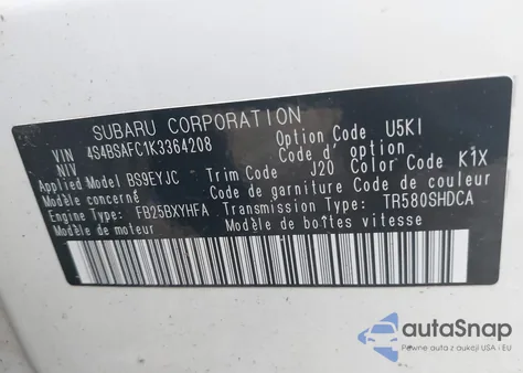 2019 Subaru Outback 2.5I Premium из США, поврежденный, VIN 4S4BSAFC1K3364208